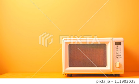 AI-generated content. Minimalist White Microwave on Vibrant Orange Background 111902035