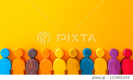 AI-generated content. A colorful display of wooden figures against a vibrant yellow background, copy space AI-generated content. A colorful display of wooden figures against a vibrant yellow background, copy space 111902143