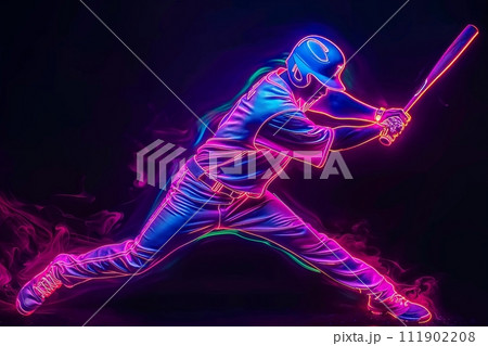 Dynamic neon outline of a baseball player in mid-swing, with vibrant pink and blue hues against a dark background. AI Generated Dynamic neon outline of a baseball player in mid-swing, with vibrant pink and blue hues against a dark background. AI Generated 111902208