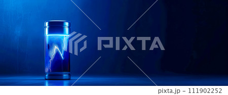 AI-generated content. A cylinder glass bottle with an electric blue light on a blue background, copy space 111902252