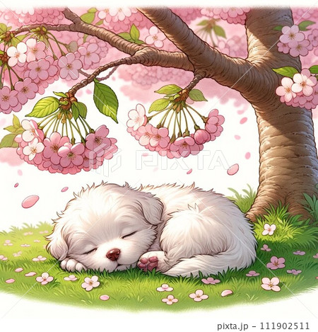 桜の木の下で寝ている子犬 111902511