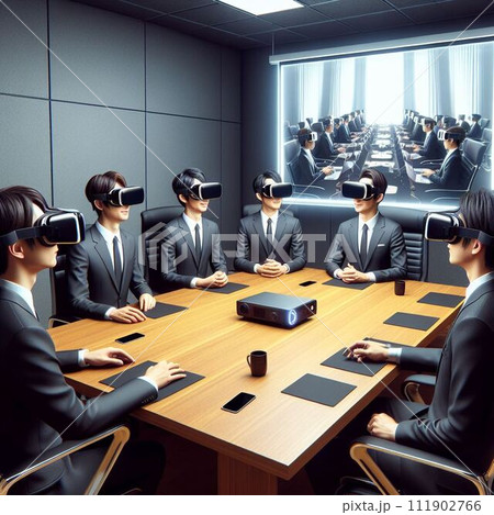 【AI生成画像】VRを活用した会議風景 【AI生成画像】VRを活用した会議風景 111902766