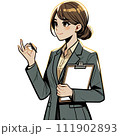 ファイルを持ちながら説明するスーツの女性 111902893