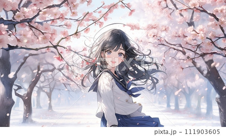 セーラー服の学生、桜11 111903605