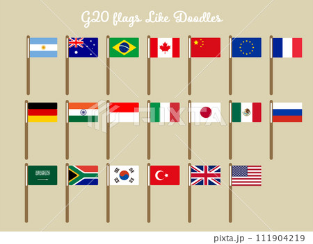 ゆるい手描きタッチのG20の国旗のイラストセット 111904219