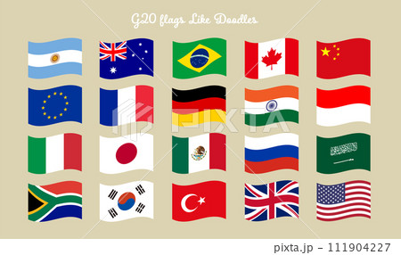 ゆるい手描きタッチのG20の国旗のイラストセット ゆるい手描きタッチのG20の国旗のイラストセット 111904227