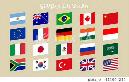 ゆるい手描きタッチのG20の国旗のイラストセット 111904232