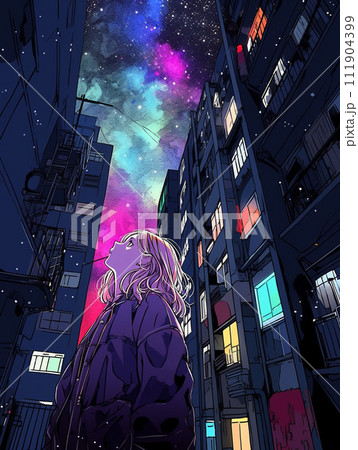 住宅街で夜空を見上げる若い女性 111904399