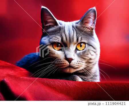 赤い背景に美しいブリティッシュショートヘアの猫　AI生成画像 111904421