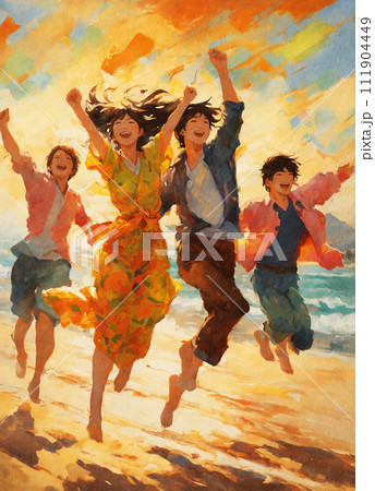 夏休み、海ではしゃぐ学生グループ。AI生成画像 111904449