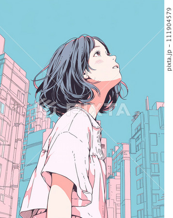街中で空を見上げる若い女性のイラスト 街中で空を見上げる若い女性のイラスト 111904579