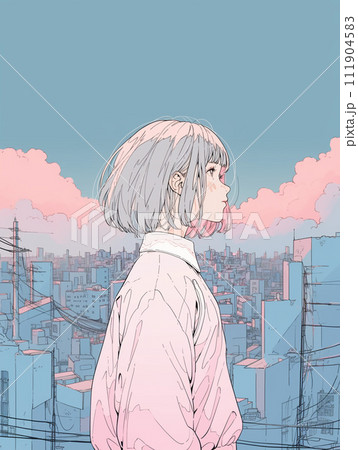 街中で空を見上げる若い女性のイラストのイラスト素材 [111904583] - PIXTA