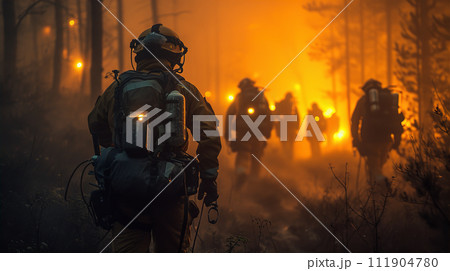 山火事・火災現場に向かう消防士・兵士・戦争 111904780