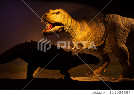 大きく口を開けた大型の恐竜の模型 111904894