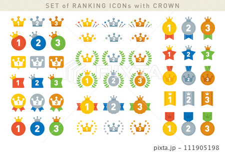 シンプルでかわいいランキングアイコンセット／ベクター素材／王冠・クラウン 111905198