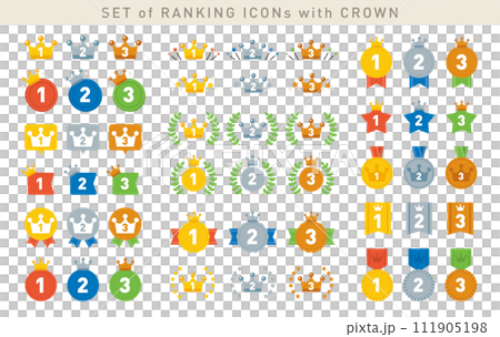 シンプルでかわいいランキングアイコンセット／ベクター素材／王冠・クラウン 111905198