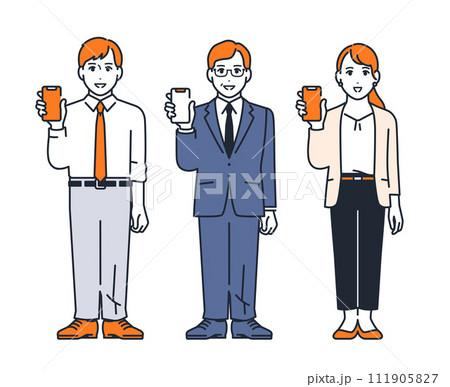 スマートフォンの画面を見せる3人の会社員のシンプルなベクターイラストセット素材 111905827