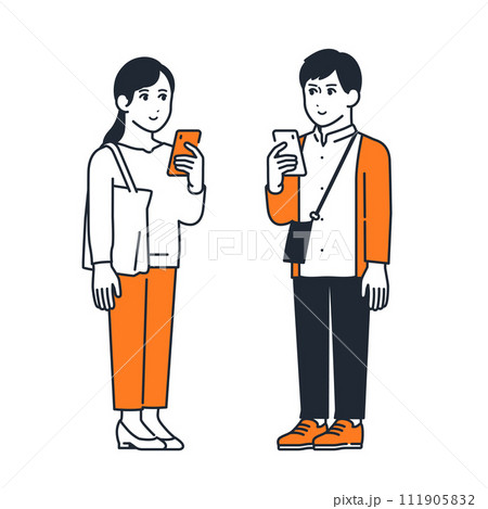 屋外でスマホを見る若い男女のシンプルなベクターイラストセット素材 屋外でスマホを見る若い男女のシンプルなベクターイラストセット素材 111905832