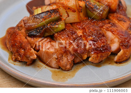 鶏もも肉のてりやき、照焼。照り焼き、テリヤキ。ネギ焼きも添えて。 111906003