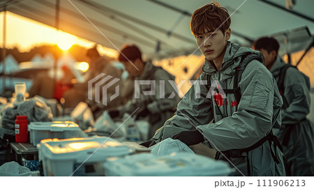 被災地で炊き出し・救援物資を届けるボランティアスタッフ 被災地で炊き出し・救援物資を届けるボランティアスタッフ 111906213