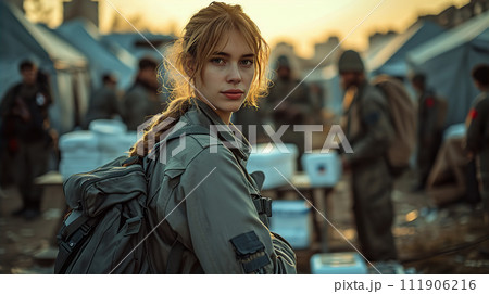 被災地で炊き出し・救援物資を届けるボランティアスタッフ 被災地で炊き出し・救援物資を届けるボランティアスタッフ 111906216