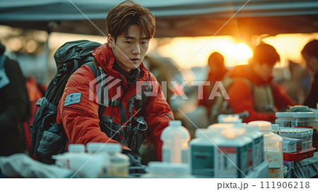 被災地で炊き出し・救援物資を届けるボランティアスタッフ 被災地で炊き出し・救援物資を届けるボランティアスタッフ 111906218