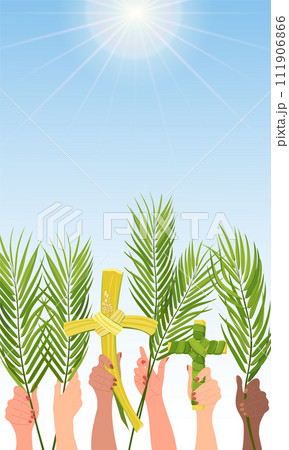 Celebration of Palm Sunday. Hands of people of different nationalities are raised with palm branches against the blue sky. The concept of the unity of the Christian faith. Vector postcard. Cartoon. 111906866