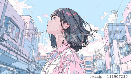 街を見上げる女性 111907236