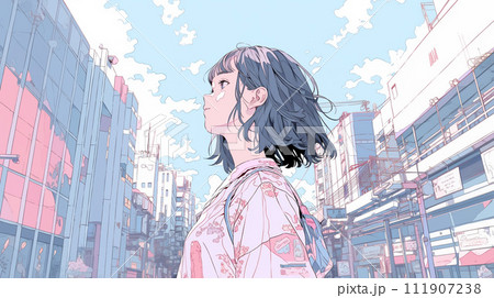 街を見上げる女性 111907238