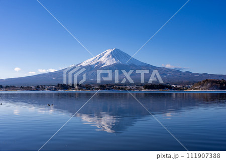 河口湖畔から見た富士山と逆さ富士 111907388
