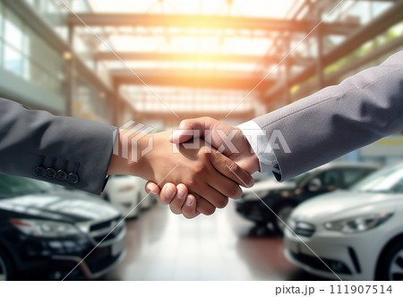 顧客と握手する自動車販売店・ディーラー（納車・新車・購入・契約・成約） 111907514