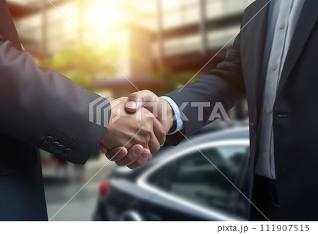 顧客と握手する自動車販売店・ディーラー（納車・新車・購入・契約・成約） 111907515