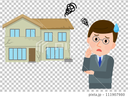 老朽化した家に困るスーツの男性 イラスト 老朽化した家に困るスーツの男性 イラスト 111907980