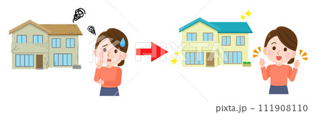 古い家がリフォームできれいな家になり喜ぶ女性　イラスト 111908110