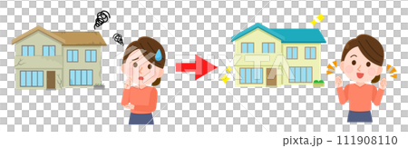 古い家がリフォームできれいな家になり喜ぶ女性　イラスト 111908110