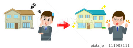 古い家がリフォームできれいな家になり喜ぶ男性　イラスト 111908111