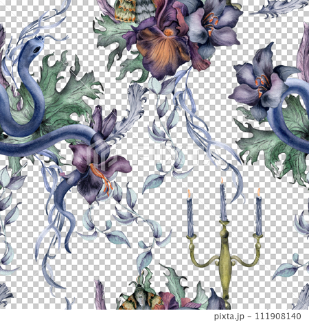 Gothic floral seamless pattern with snake isolated on white. Flower purple iris and black lily watercolor. Botanical art decoration for black wedding, mystical party. For invitation, Valentine card Gothic floral seamless pattern with snake isolated on white. Flower purple iris and black lily watercolor. Botanical art decoration for black wedding, mystical party. For invitation, Valentine card 111908140