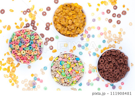 Four bowls of cereals on white background 111908481