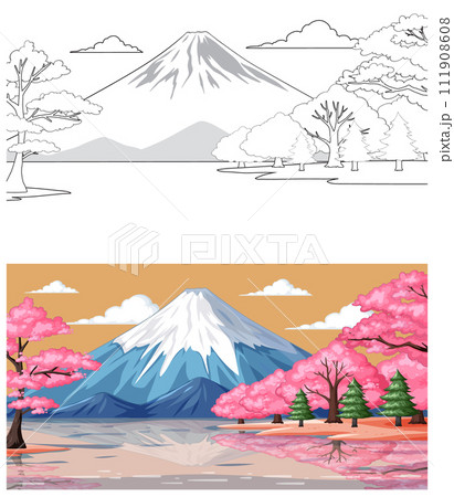 Serene Mountain Landscape with Cherry Blossoms 111908608