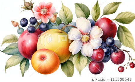 水彩で描いたいろいろなフルーツのフレーム素材 111909643