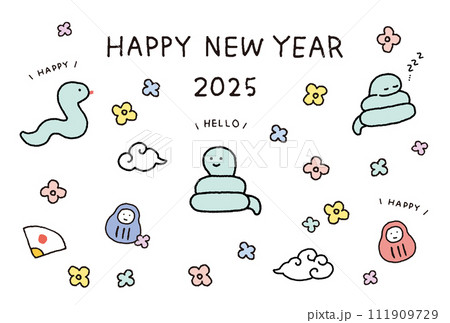 2025年　年賀状　かわいいキャラクターの蛇のイラストレーション 111909729