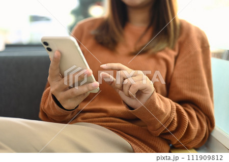 Young woman in casual clothes using mobile phone on couch at home Young woman in casual clothes using mobile phone on couch at home 111909812