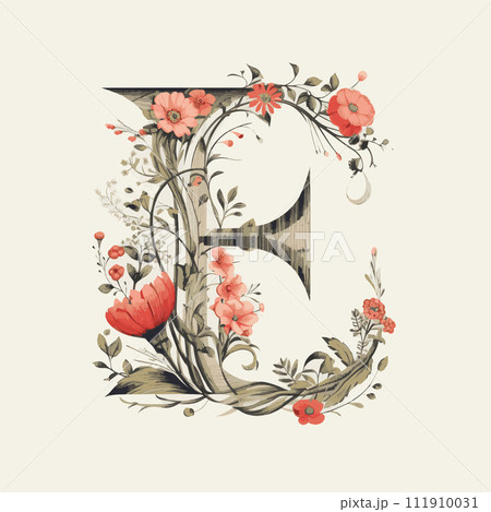 Botanical Beauty Lettering E with Exquisite Floral Elements 111910031