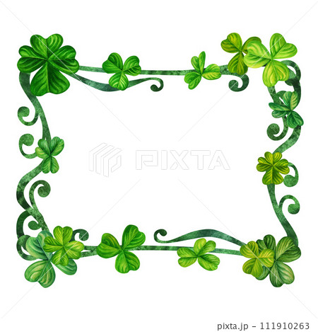 Watercolor vintage fantasy frame with hand drawn four leaf clover for St. Patrick's Day for good luck, for invitation card template, announcements, magic games, fairy tales, book titles, scrapbooking 111910263