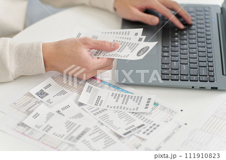 会計ソフトに経費を入力する男性の手元 111910823