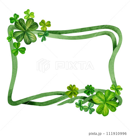 Watercolor vintage fantasy frame with hand drawn four leaf clover for St. Patrick's Day for good luck, for invitation card template, announcements, magic games, fairy tales, book titles, scrapbooking Watercolor vintage fantasy frame with hand drawn four leaf clover for St. Patrick's Day for good luck, for invitation card template, announcements, magic games, fairy tales, book titles, scrapbooking 111910996