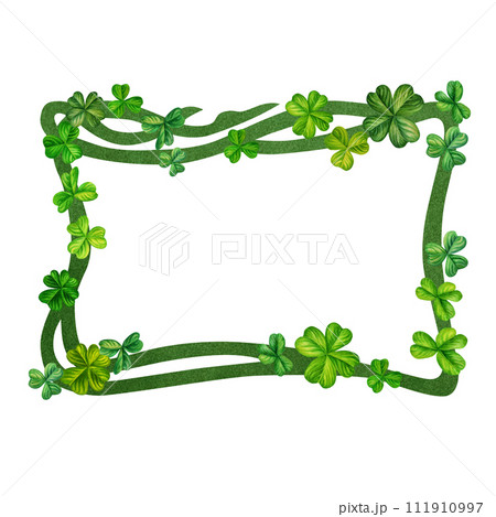 Watercolor vintage fantasy frame with hand drawn four leaf clover for St. Patrick's Day for good luck, for invitation card template, announcements, magic games, fairy tales, book titles, scrapbooking Watercolor vintage fantasy frame with hand drawn four leaf clover for St. Patrick's Day for good luck, for invitation card template, announcements, magic games, fairy tales, book titles, scrapbooking 111910997