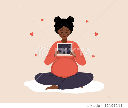 Ultrasound of baby. African pregnant woman in lotus position holding fetus silhouette photo. Embryo in womb. Baby health diagnostic. Sonography concept. Vector illustration in flat cartoon style Ultrasound of baby. African pregnant woman in lotus position holding fetus silhouette photo. Embryo in womb. Baby health diagnostic. Sonography concept. Vector illustration in flat cartoon style 111911114