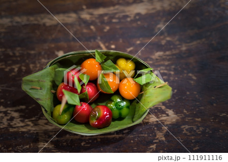 top view of Fruit shaped gelatin dipped mung bean dessert top view of Fruit shaped gelatin dipped mung bean dessert 111911116