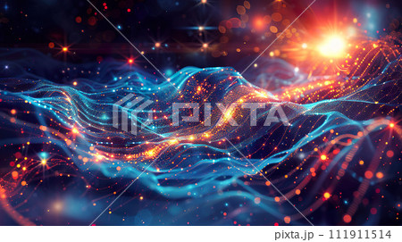 A dynamic abstract image of undulating data waveforms with particles. Generative AI. A dynamic abstract image of undulating data waveforms with particles. Generative AI. 111911514